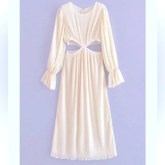 ZARA Cream Crinkly Midriff Cut Out Midi Dress M NWT - Picture 5 of 16